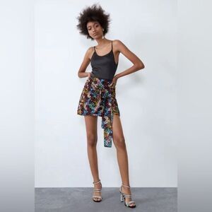 NWT Zara Multicolor Sequins Mini Skirt Front Tie Light Stretch Size US Smalll